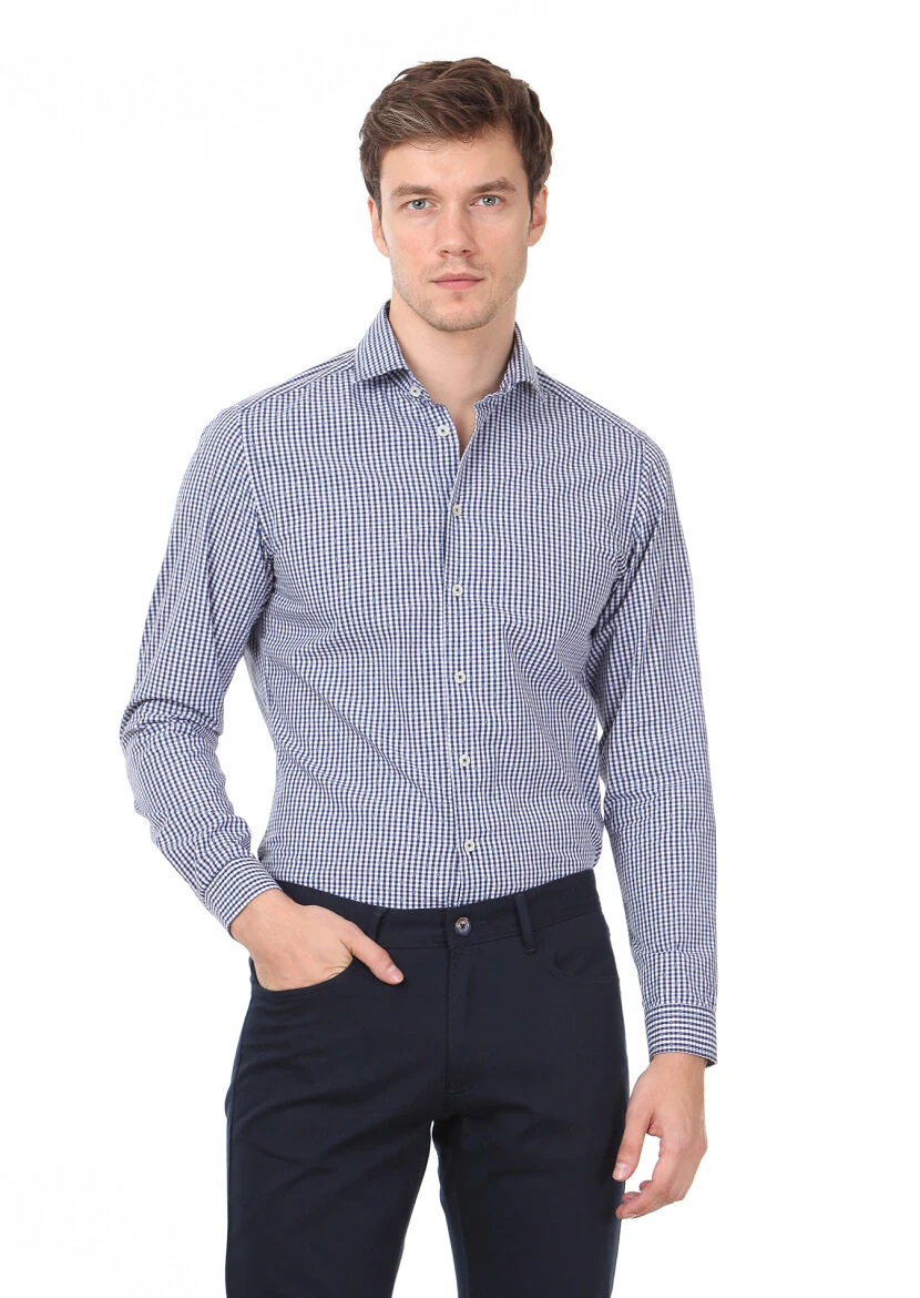 Lacivert Slim Fit Dokuma Casual %100 Pamuk Gömlek - 1