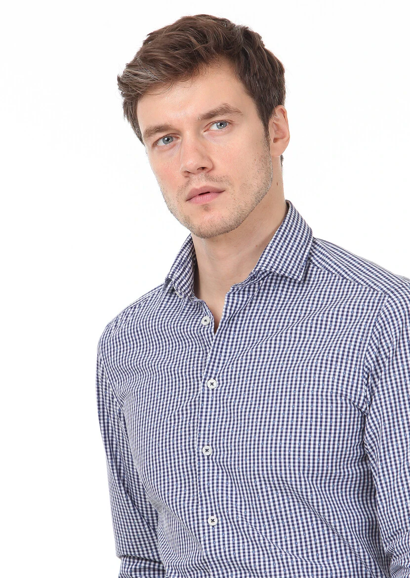 Lacivert Slim Fit Dokuma Casual %100 Pamuk Gömlek - 2