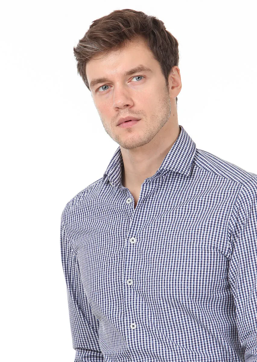 Lacivert Slim Fit Dokuma Casual %100 Pamuk Gömlek - 2