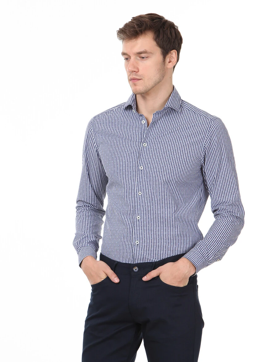 Lacivert Slim Fit Dokuma Casual %100 Pamuk Gömlek - 3
