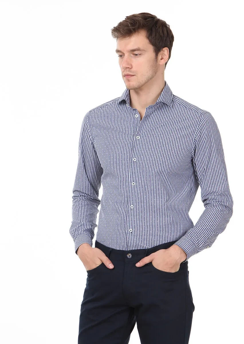 Lacivert Slim Fit Dokuma Casual %100 Pamuk Gömlek - 3