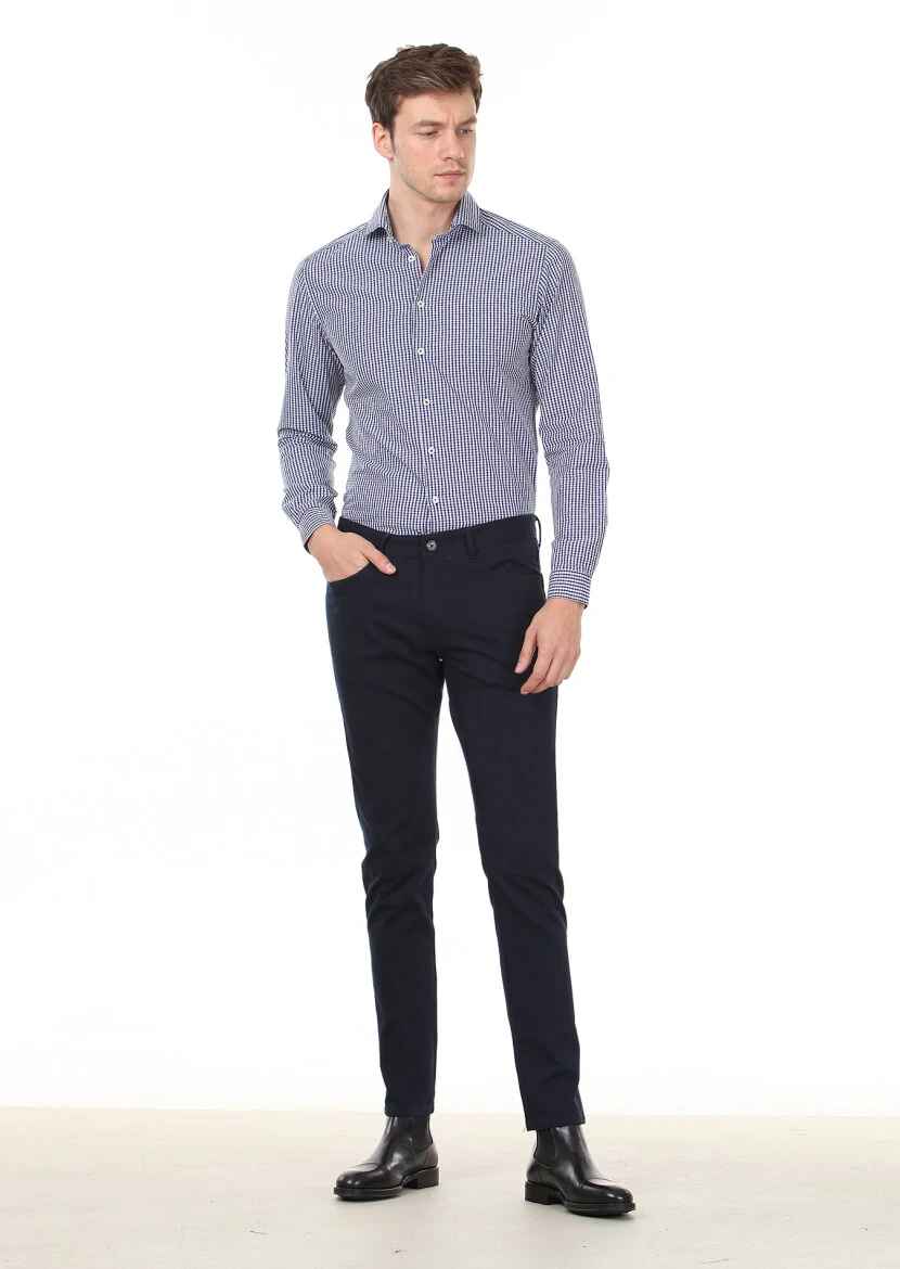 Lacivert Slim Fit Dokuma Casual %100 Pamuk Gömlek - 4