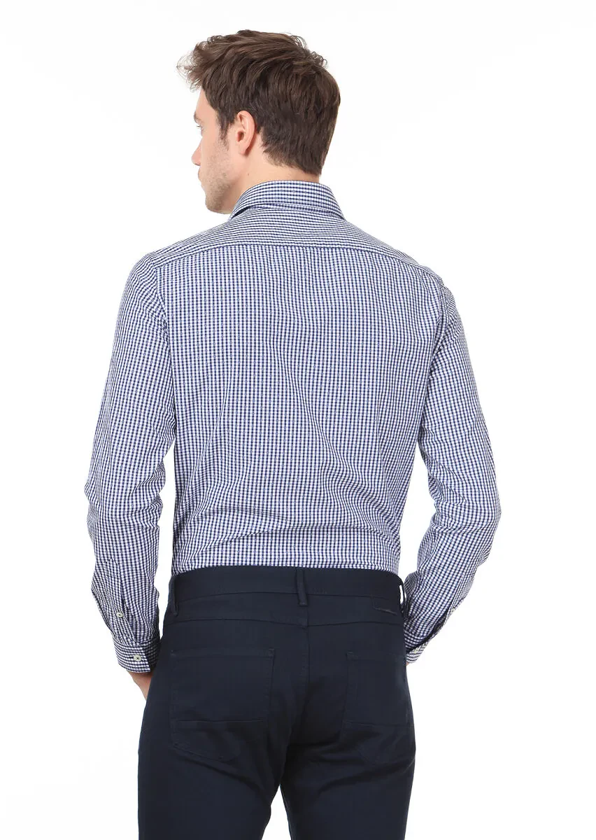 Lacivert Slim Fit Dokuma Casual %100 Pamuk Gömlek - 5