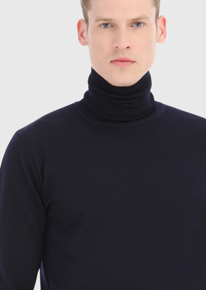 Lacivert Tam Balıkçı Yaka Düz Örgü %100 Yün Triko Kazak - 3