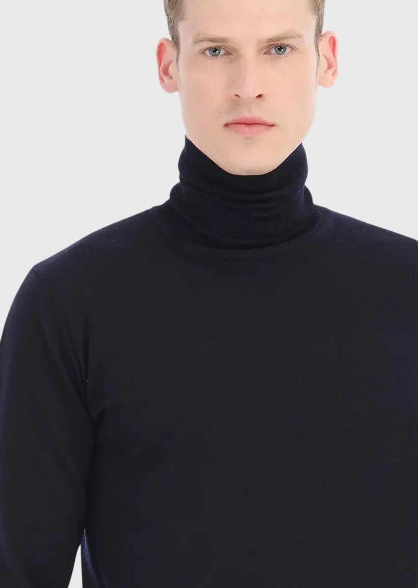 Lacivert Tam Balıkçı Yaka Düz Örgü %100 Yün Triko Kazak - 3