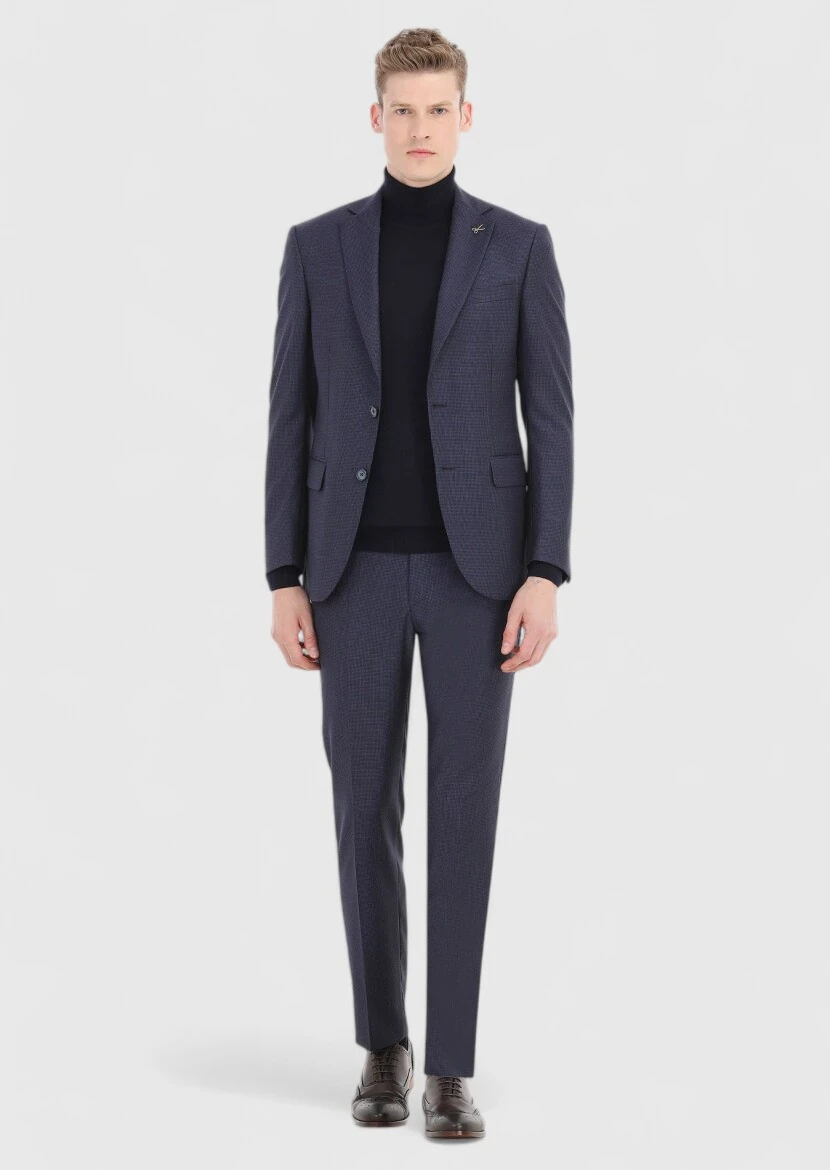 Lacivert Tam Balıkçı Yaka Düz Örgü %100 Yün Triko Kazak - 4