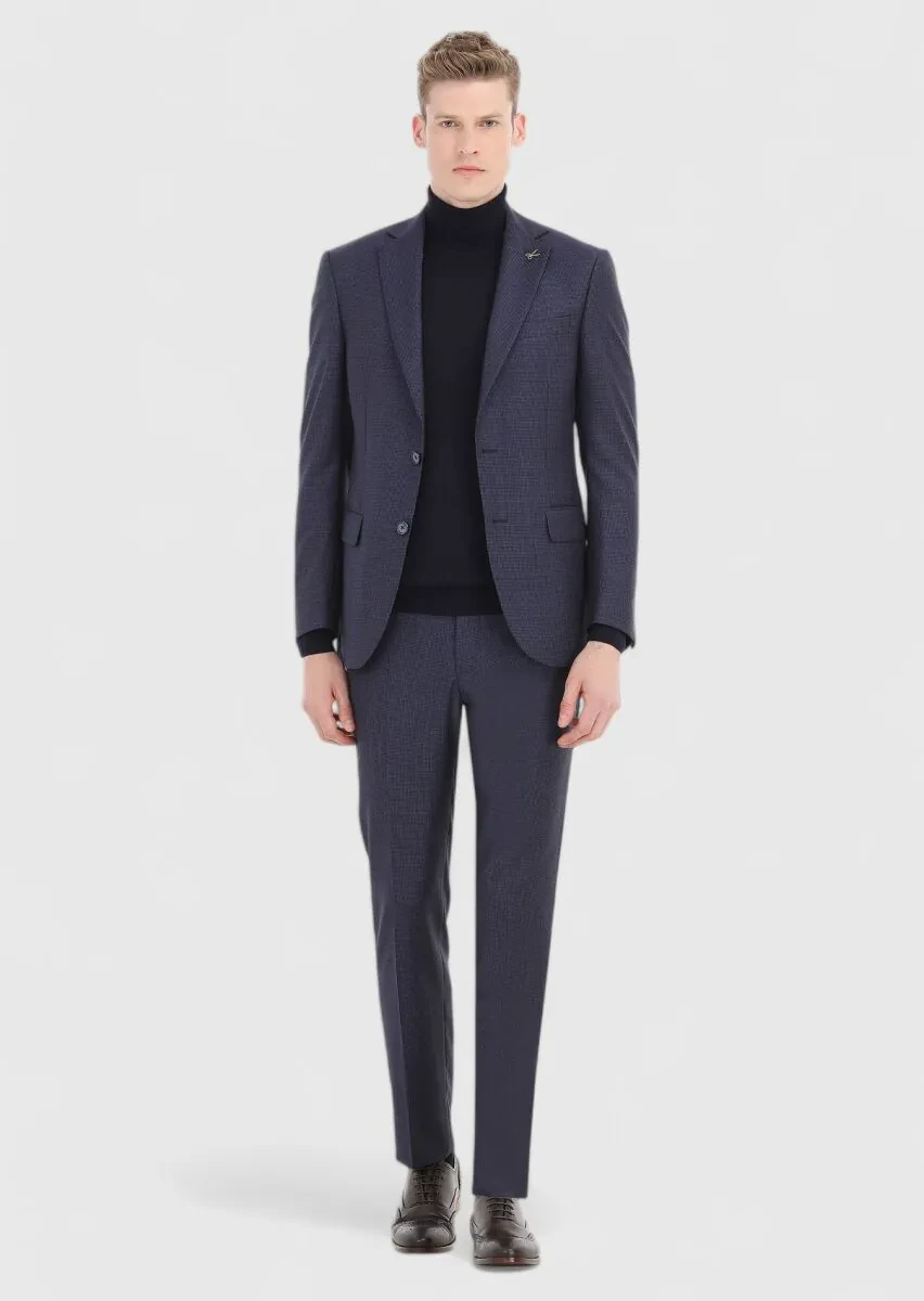 Lacivert Tam Balıkçı Yaka Düz Örgü %100 Yün Triko Kazak - 4