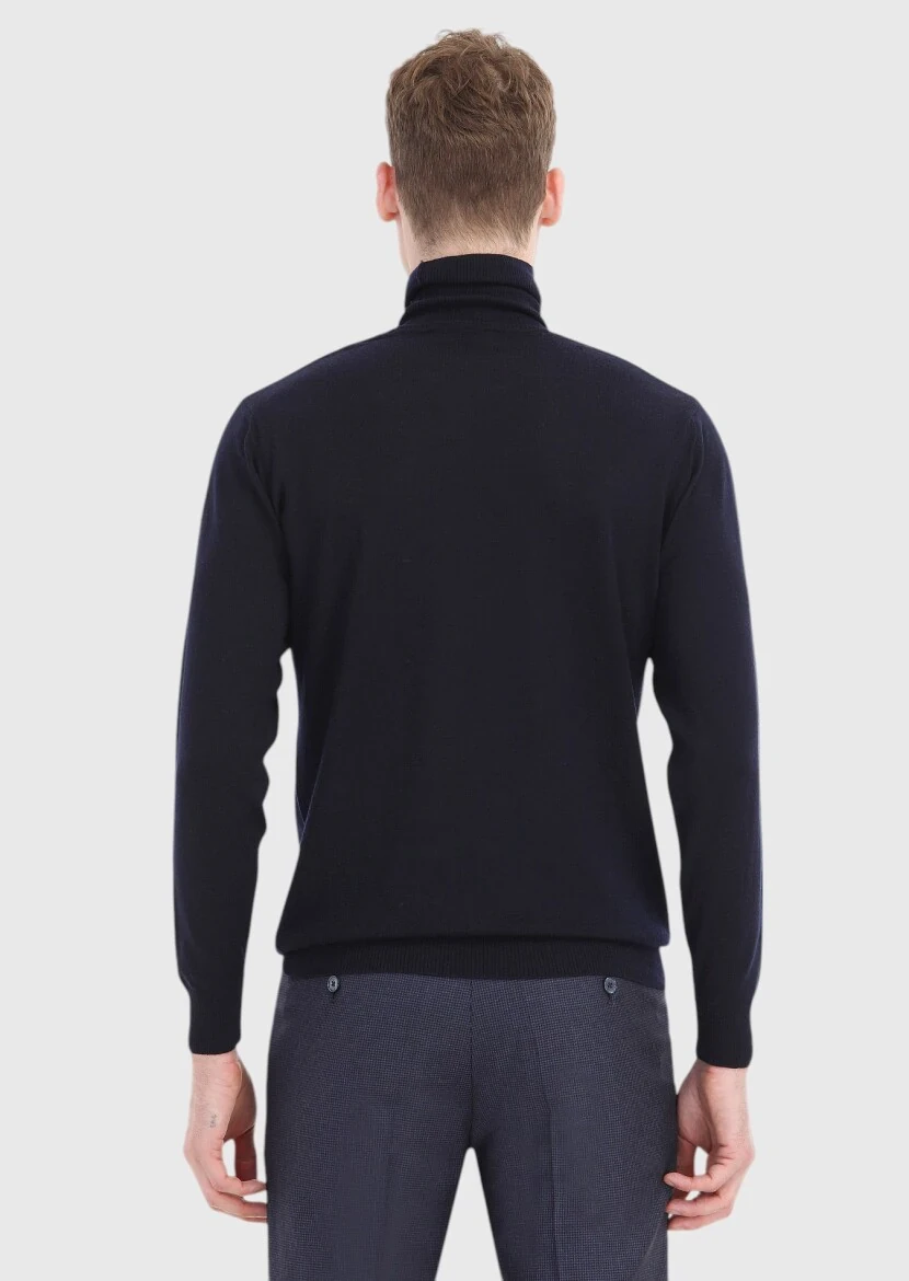 Lacivert Tam Balıkçı Yaka Düz Örgü %100 Yün Triko Kazak - 5