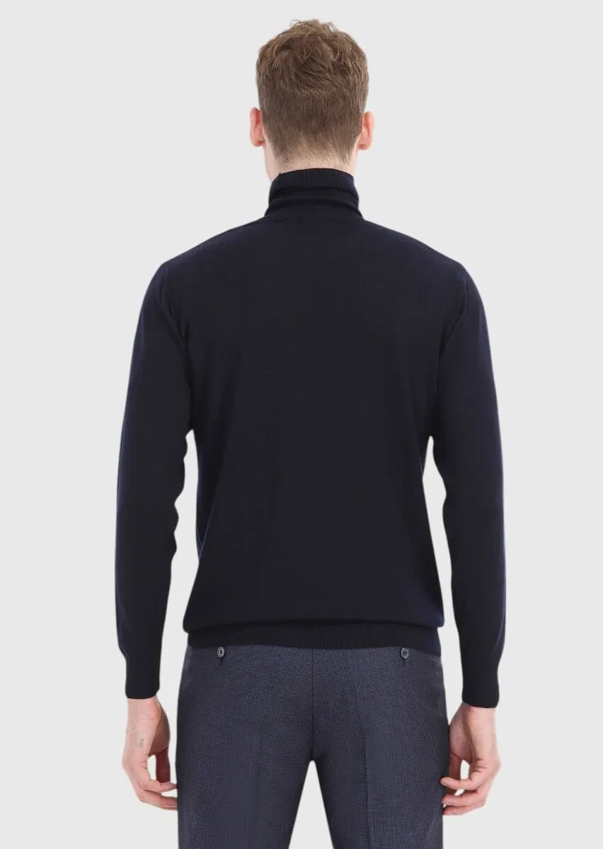 Lacivert Tam Balıkçı Yaka Düz Örgü %100 Yün Triko Kazak - 5