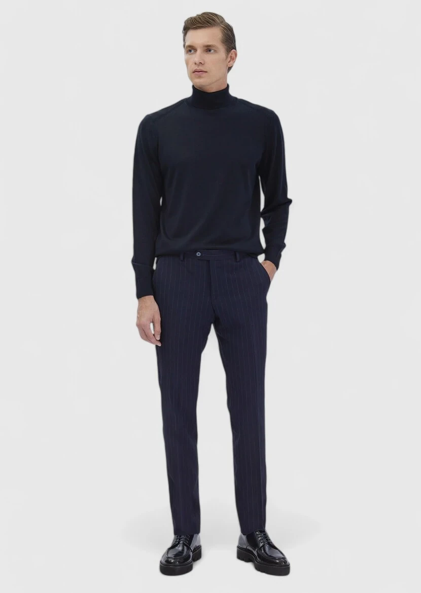 Lacivert Tam Balıkçı Yaka Düz Örgü Yün Karışımlı Triko Kazak 