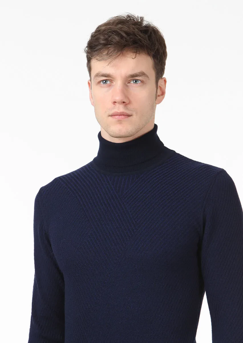 Lacivert Tam Balıkçı Yaka Jakarlı Yün Karışımlı Triko Kazak - 2