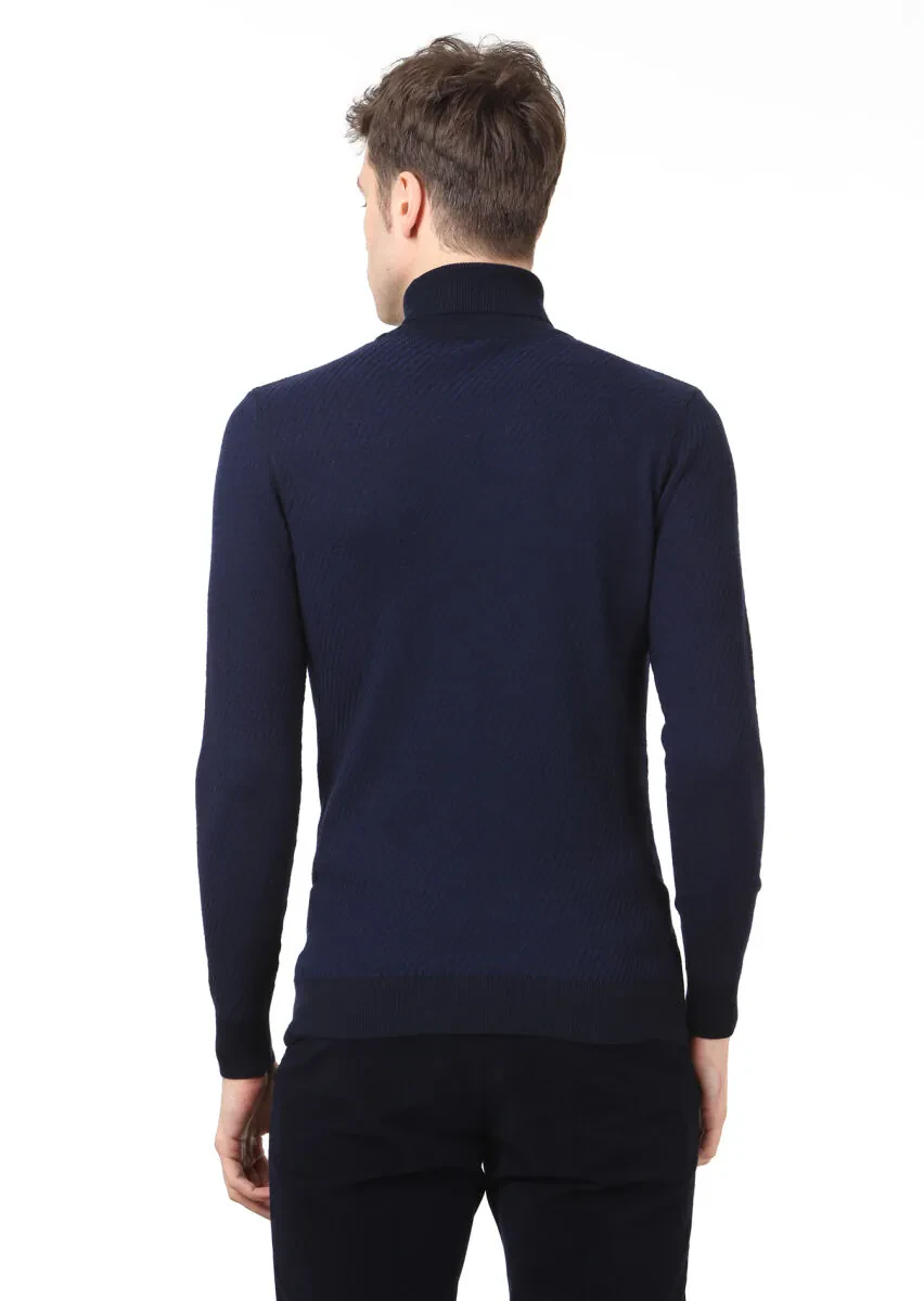 Lacivert Tam Balıkçı Yaka Jakarlı Yün Karışımlı Triko Kazak - 4