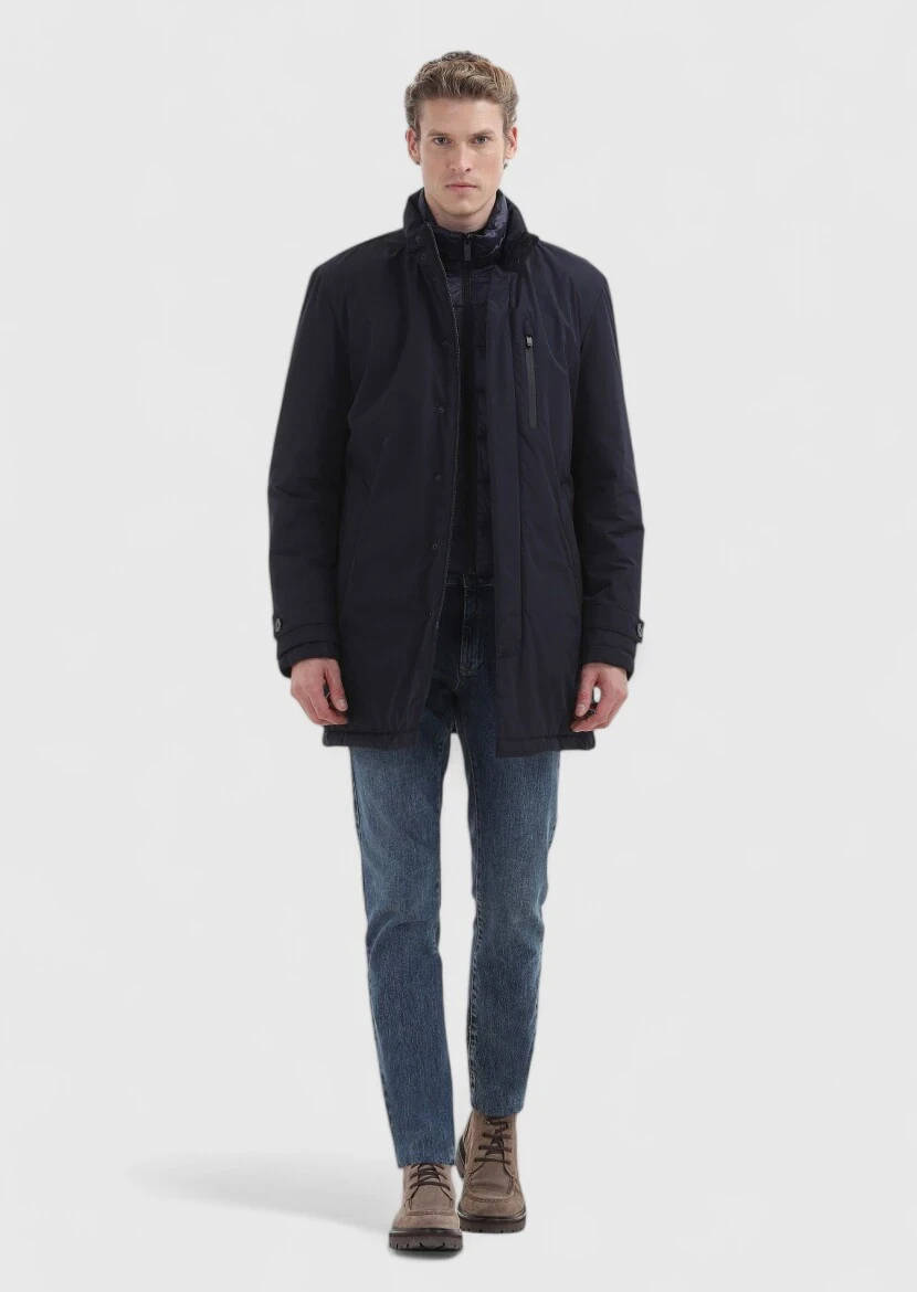 Lacivert Yarım Balıkçı Yaka Düz Örgü %100 Yün Triko Kazak - 3