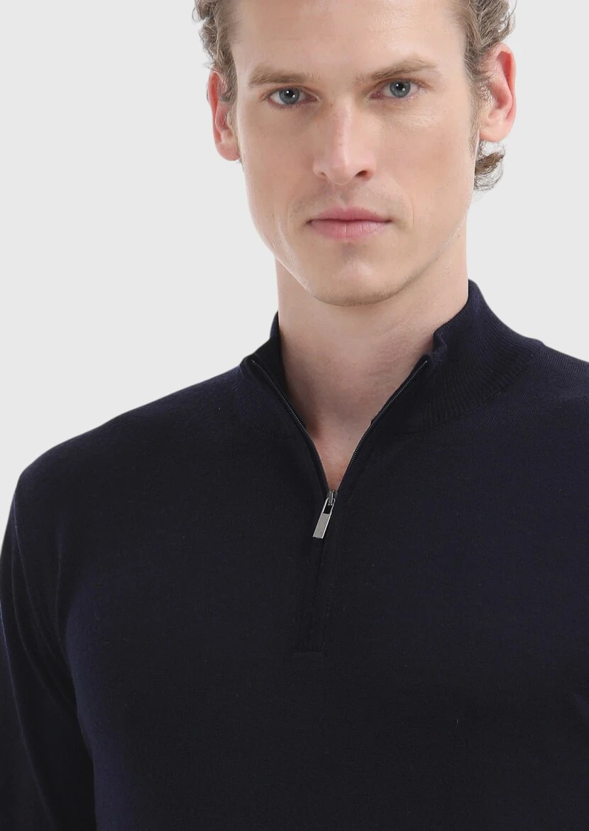 Lacivert Yarım Balıkçı Yaka Düz Örgü %100 Yün Triko Kazak - 4