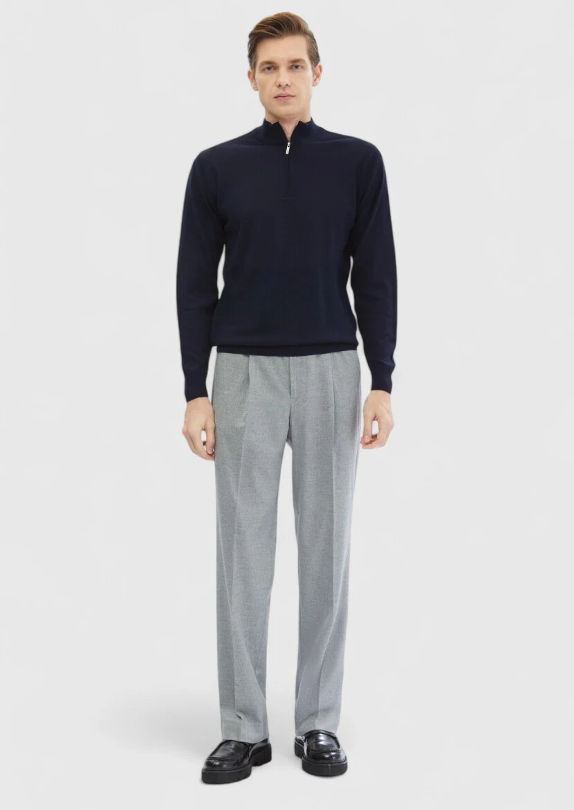 Lacivert Yarım Balıkçı Yaka Düz Örgü %100 Yün Triko Kazak 