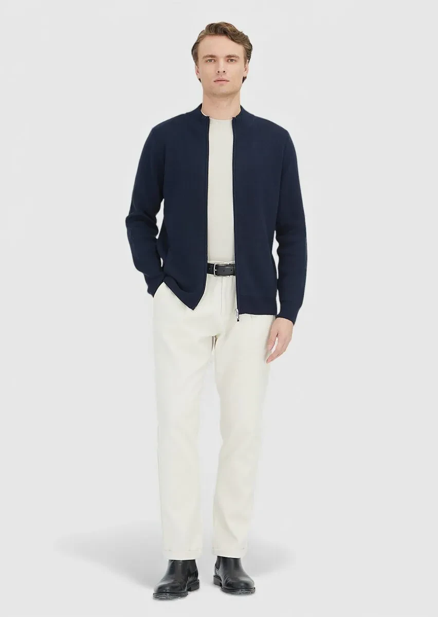 Lacivert Yarım Balıkçı Yaka Düz Örgü Pamuk Karışımlı Hırka - 2