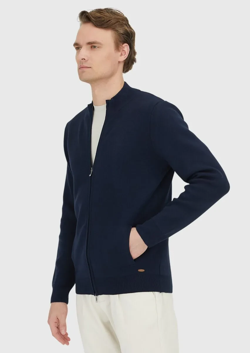 Lacivert Yarım Balıkçı Yaka Düz Örgü Pamuk Karışımlı Hırka - 4