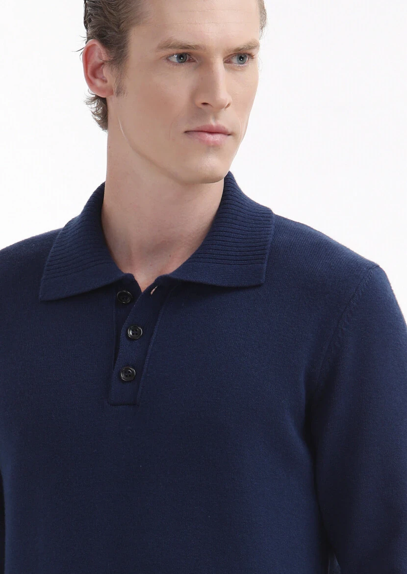 Lacivert Yarım Balıkçı Yaka Düz Örgü Triko Kazak - 4