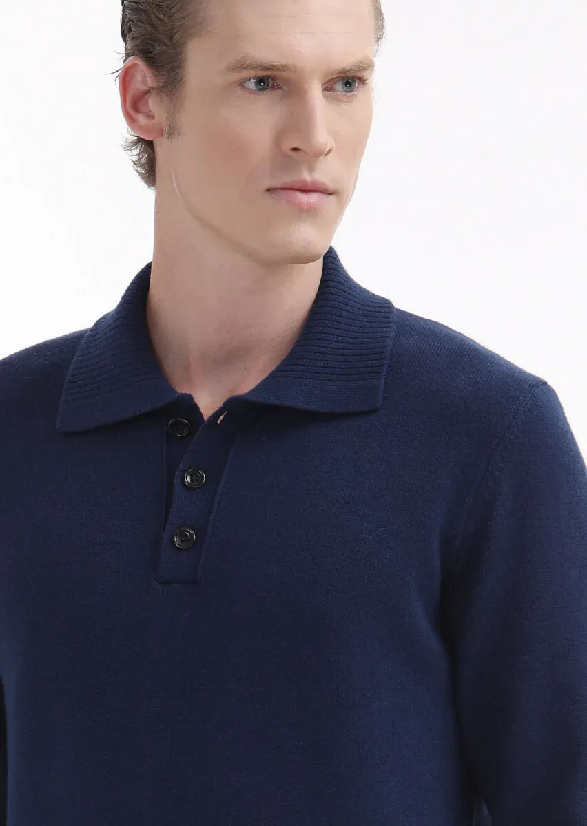 Lacivert Yarım Balıkçı Yaka Düz Örgü Triko Kazak - 4
