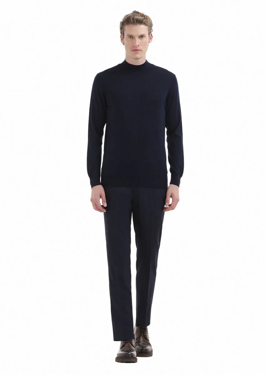 Lacivert Yarım Balıkçı Yaka Düz Örgü Yün Karışımlı Triko Kazak - 2