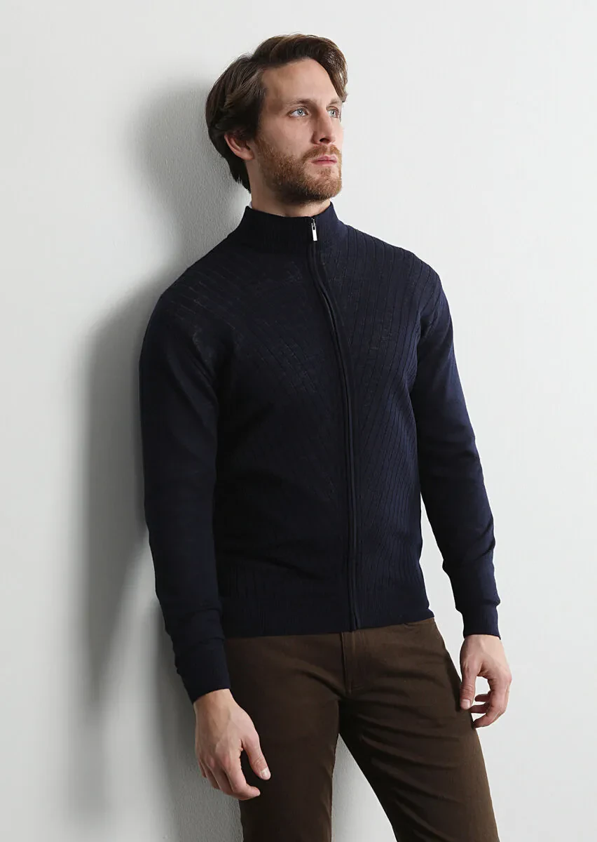 Lacivert Yarım Balıkçı Yaka Jakarlı %100 Yün Hırka - 1