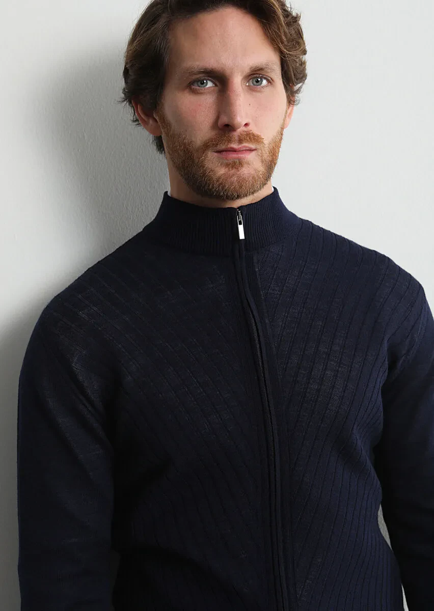 Lacivert Yarım Balıkçı Yaka Jakarlı %100 Yün Hırka - 2