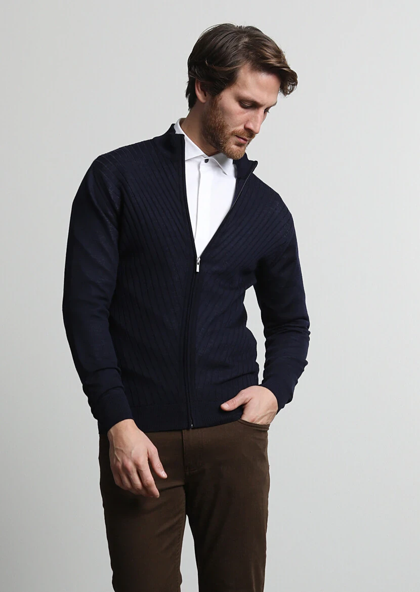 Lacivert Yarım Balıkçı Yaka Jakarlı %100 Yün Hırka - 3