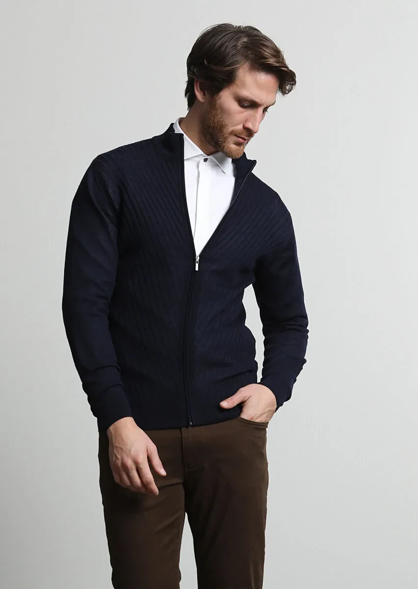 Lacivert Yarım Balıkçı Yaka Jakarlı %100 Yün Hırka - 3