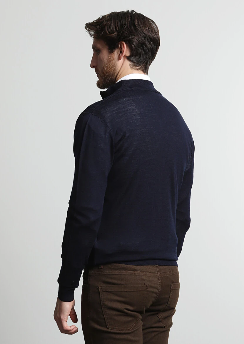 Lacivert Yarım Balıkçı Yaka Jakarlı %100 Yün Hırka - 4