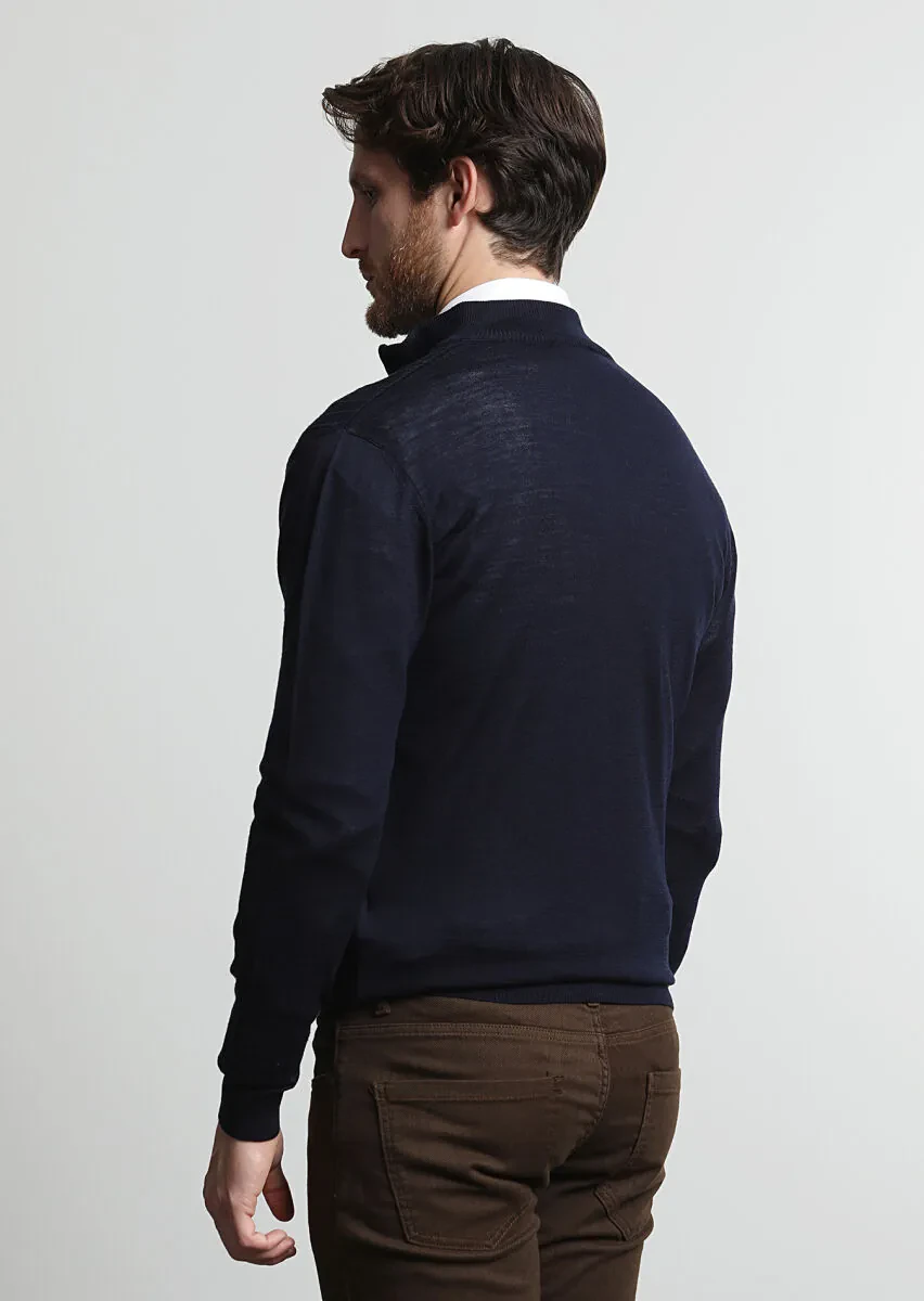 Lacivert Yarım Balıkçı Yaka Jakarlı %100 Yün Hırka - 4