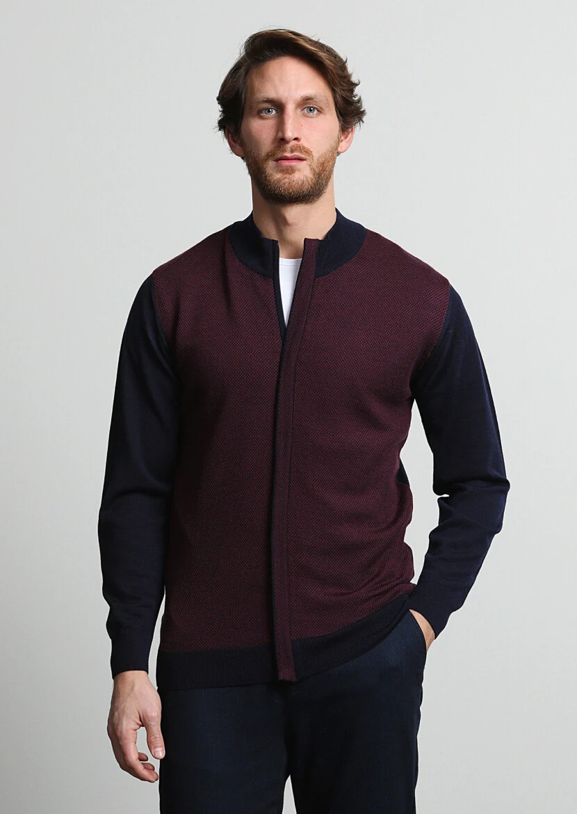 Lacivert Yarım Balıkçı Yaka Jakarlı %100 Yün Hırka - 1