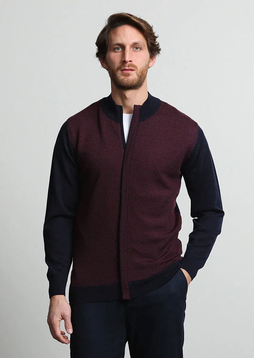 Lacivert Yarım Balıkçı Yaka Jakarlı %100 Yün Hırka - 1