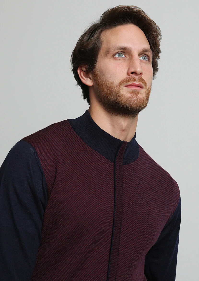 Lacivert Yarım Balıkçı Yaka Jakarlı %100 Yün Hırka - 2