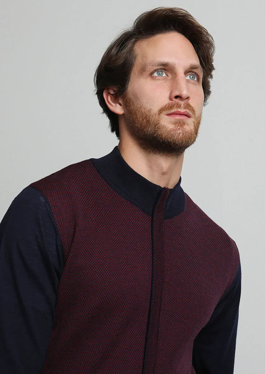 Lacivert Yarım Balıkçı Yaka Jakarlı %100 Yün Hırka - 2