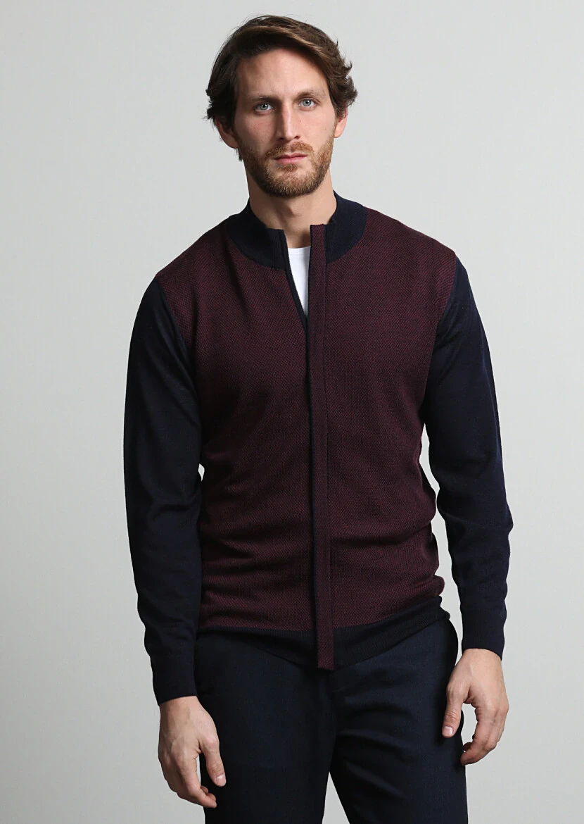 Lacivert Yarım Balıkçı Yaka Jakarlı %100 Yün Hırka - 3