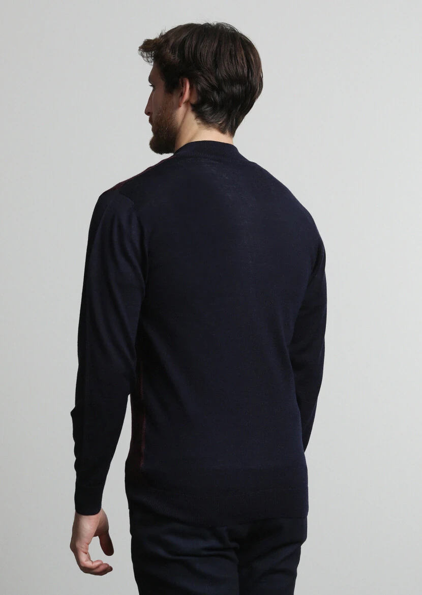 Lacivert Yarım Balıkçı Yaka Jakarlı %100 Yün Hırka - 4