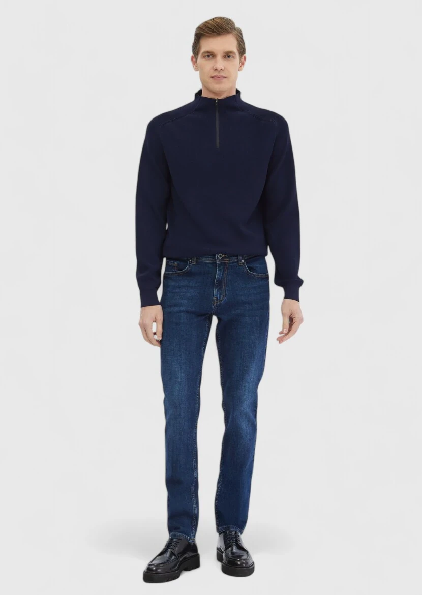 Lacivert Yarım Balıkçı Yaka Jakarlı Triko Kazak 