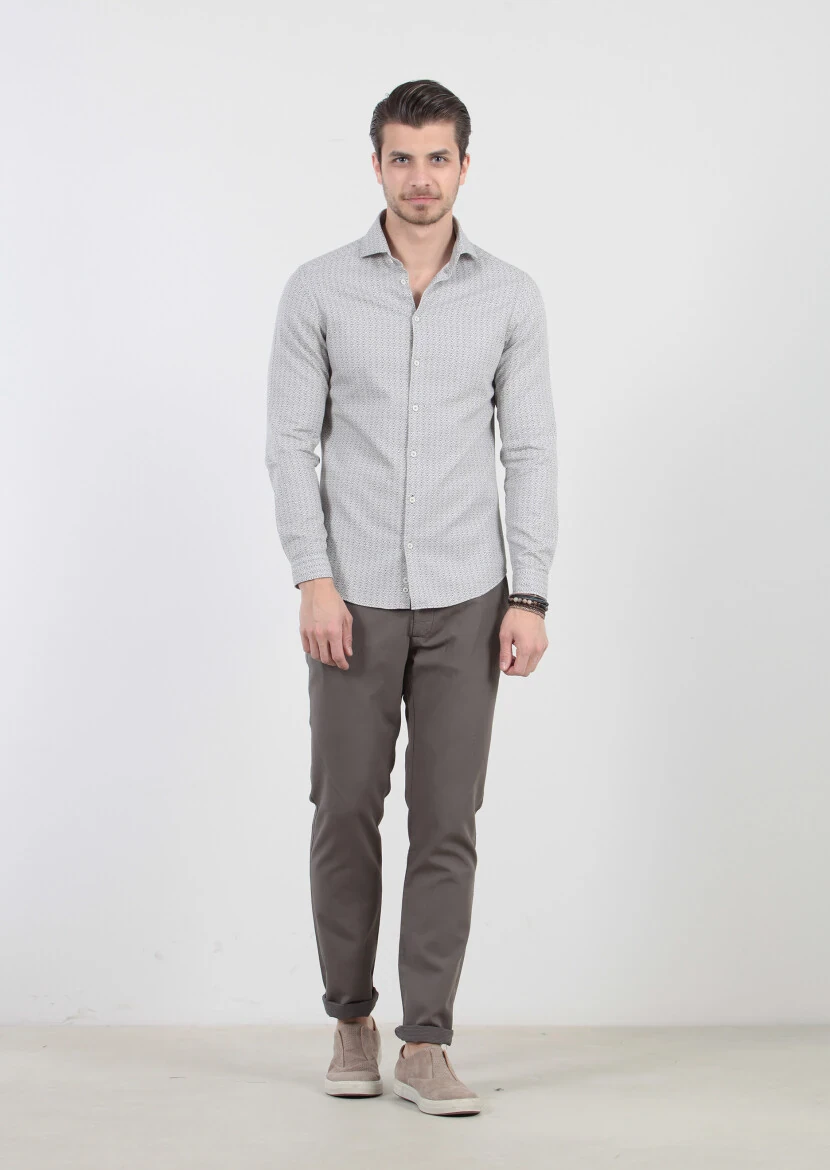 Light Beige Printed Slim Fit Weaving Casual 100% Cotton Shirt - 1