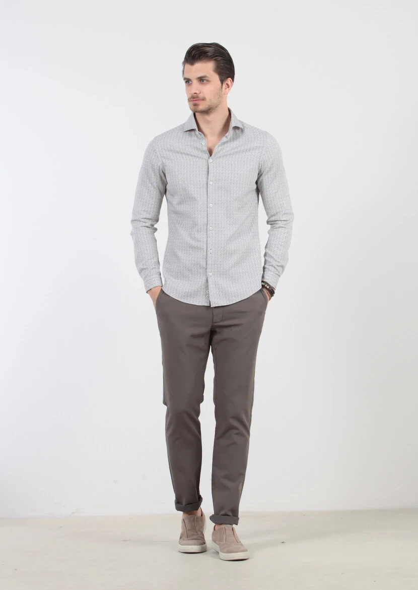 Light Beige Printed Slim Fit Weaving Casual 100% Cotton Shirt - 2