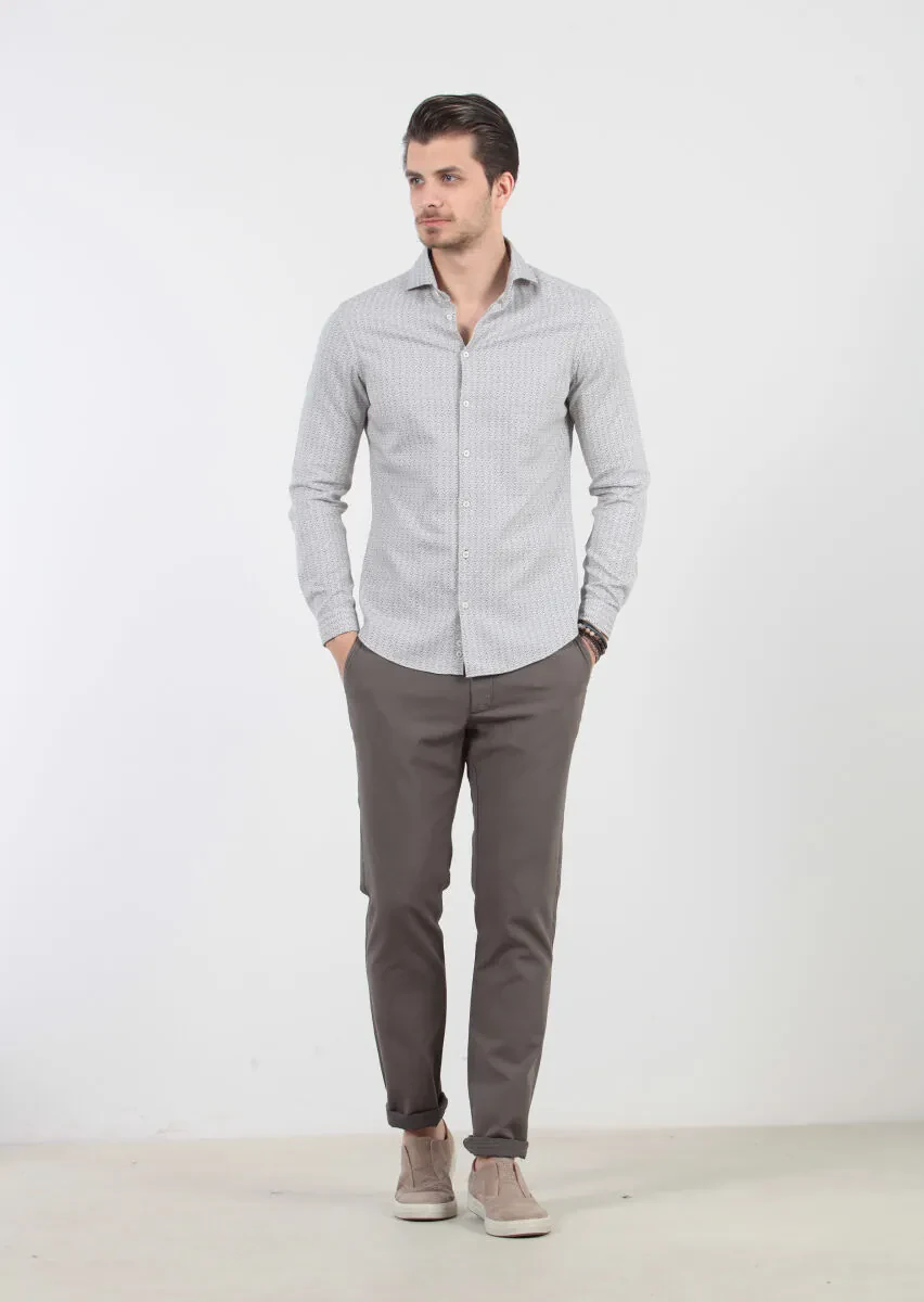 Light Beige Printed Slim Fit Weaving Casual 100% Cotton Shirt - 2