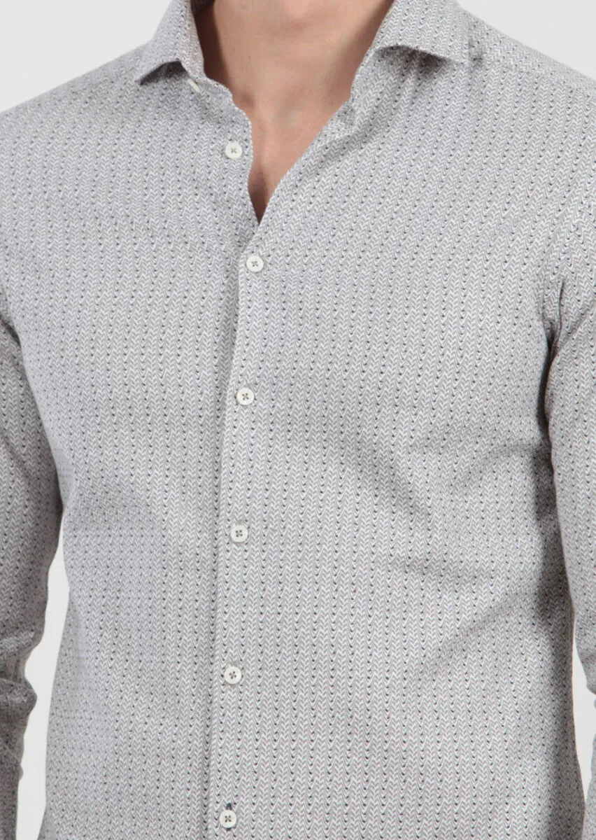 Light Beige Printed Slim Fit Weaving Casual 100% Cotton Shirt - 3