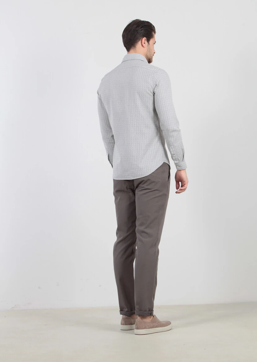 Light Beige Printed Slim Fit Weaving Casual 100% Cotton Shirt - 4