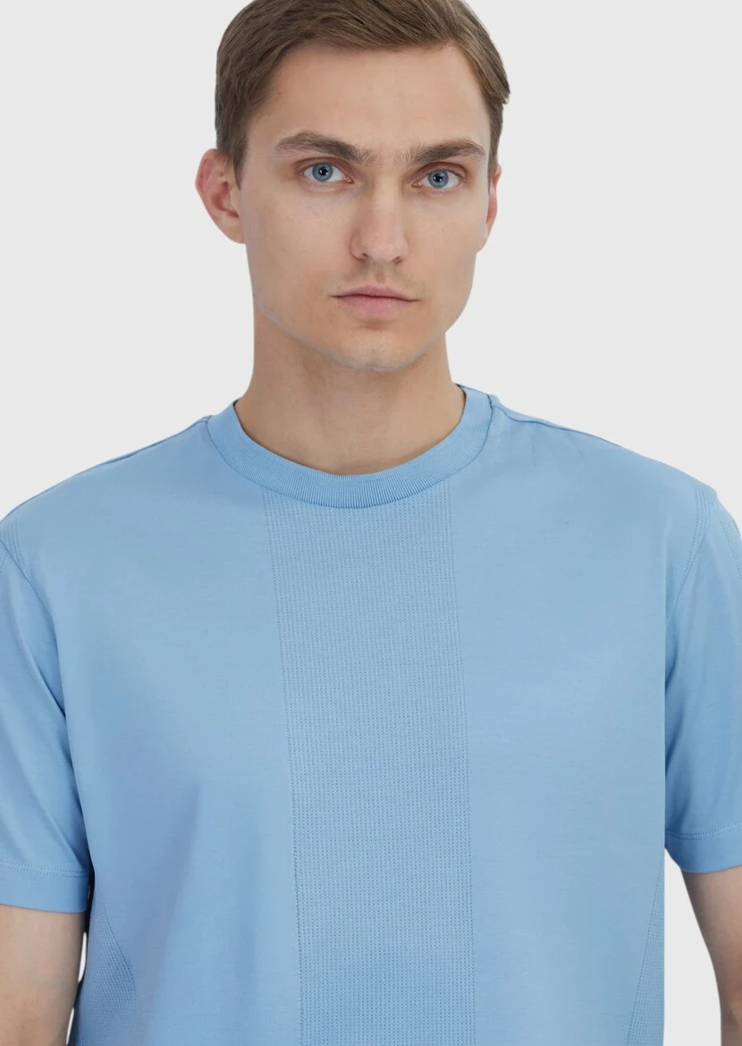 Light Blue Jacquard Crew Neck 100% Cotton T-Shirt - 3