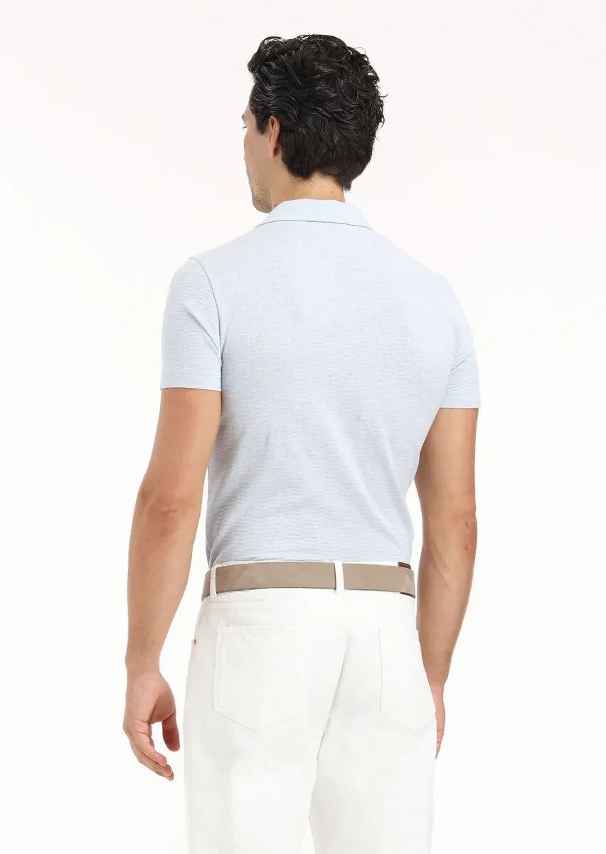 Light Blue Jacquard Cuban Collar 100% Cotton T-Shirt - 6