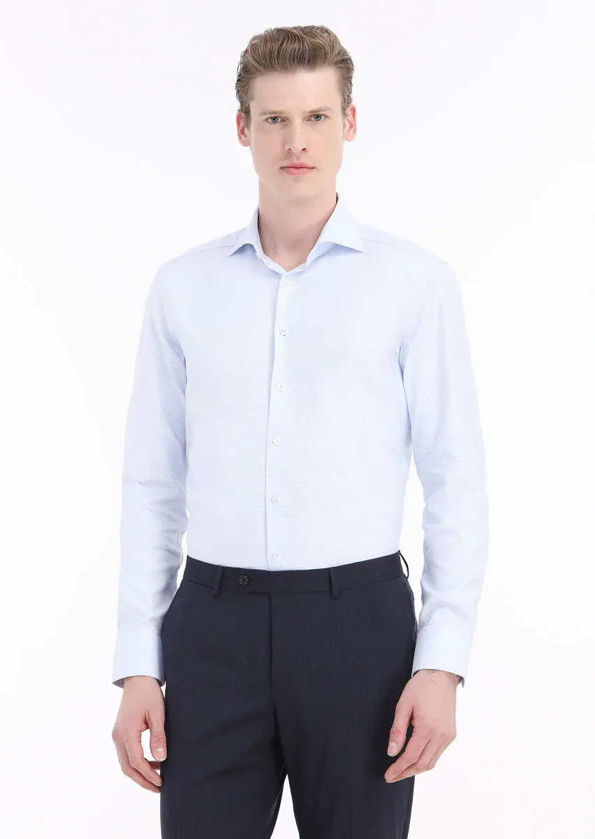 Light Blue Micro Regular Fit Weaving Classical 100% Cotton Shirt - 2