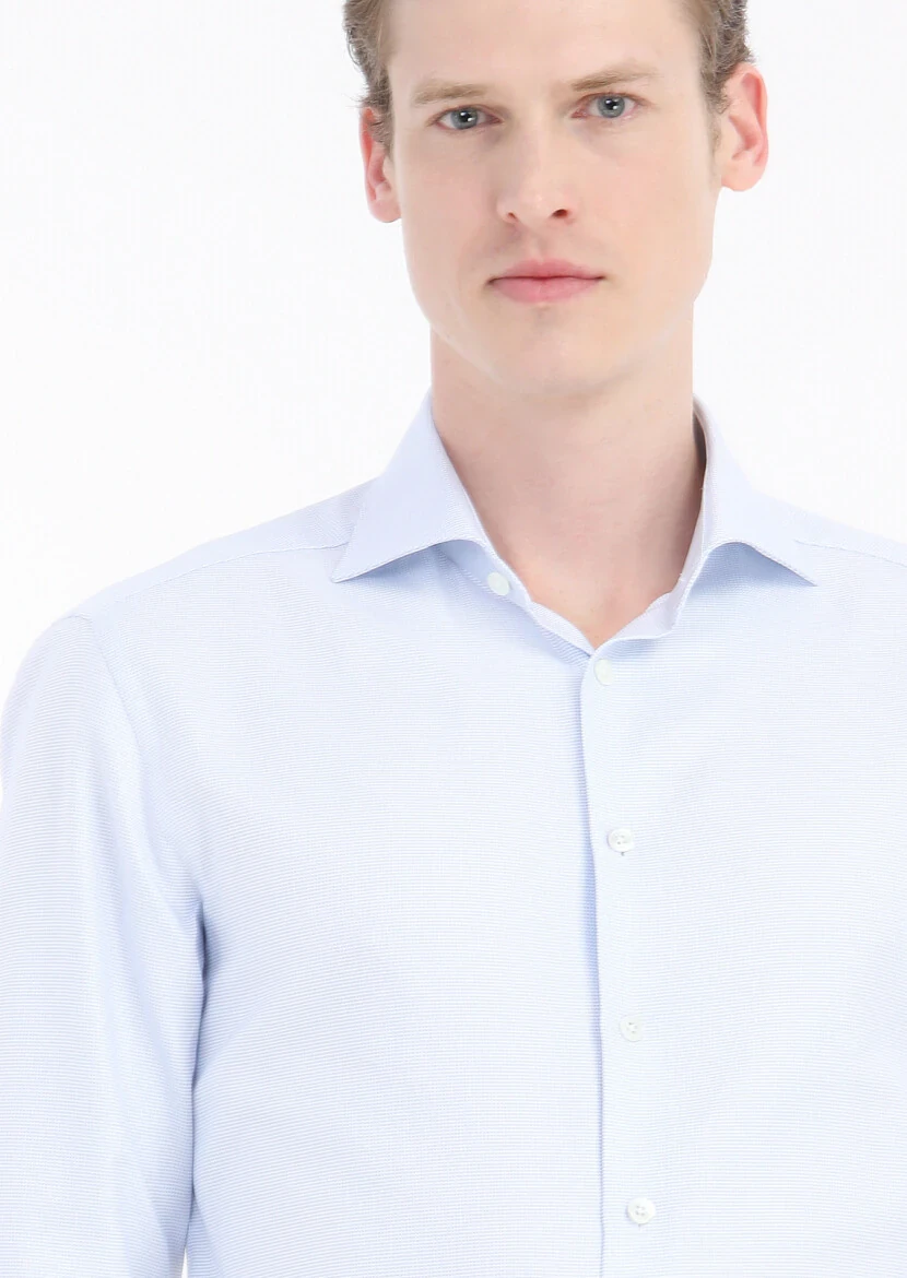 Light Blue Micro Regular Fit Weaving Classical 100% Cotton Shirt - 3