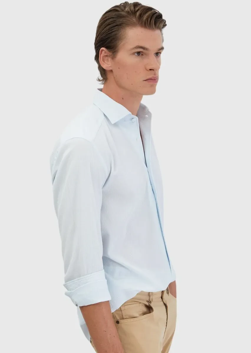 Light Blue Plain Casual Fit Weaving Casual 100% Cotton Shirt - 5