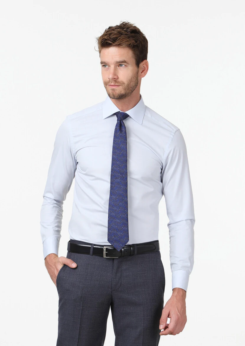 Light Blue Plain Fitted Fit Weaving Classical Cotton Blended Shirt - RAMSEY