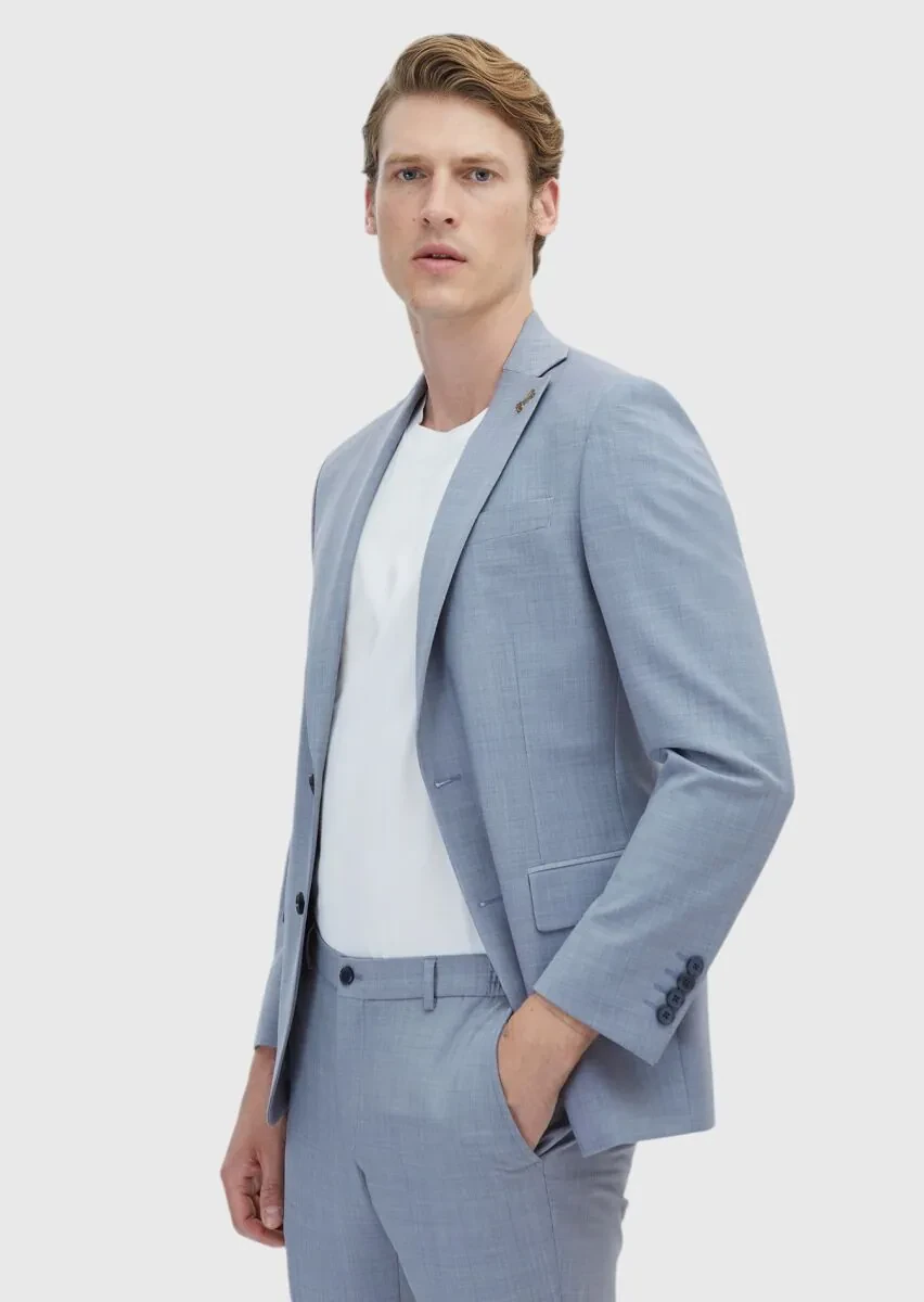 Light Blue Plain Modern Fit Wool Blended Suit - 1