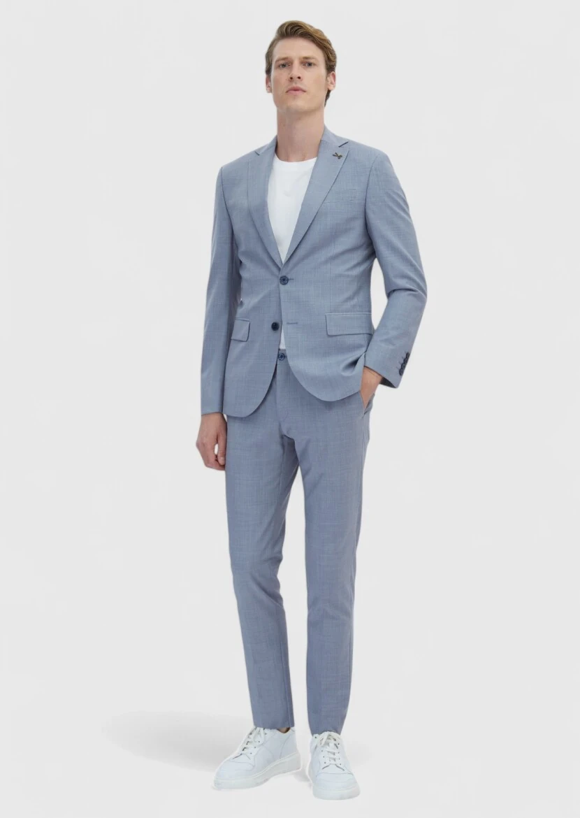 Light Blue Plain Modern Fit Wool Blended Suit - 2